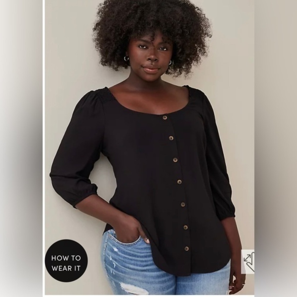 Torrid Rayon Slub Button-Front Puff Sleeve Top - Picture 3 of 7